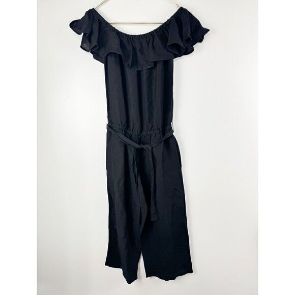TOMMY BAHAMA Cropped Jumpsuit XS Black Linen Off-The-Shoulder - Picture 2 of 5